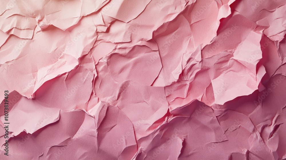 Poster crumpled pink paper texture featuring different shades and deep folds creating an abstract vertical 
