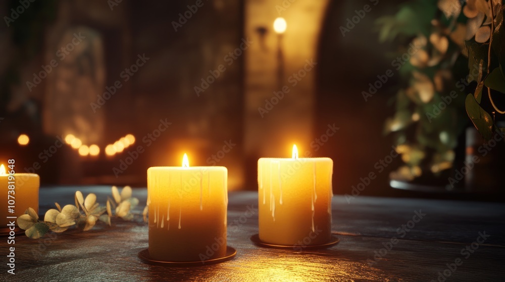Poster 3d rendering of illuminated candles in an interior setting