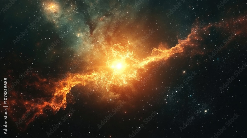 Poster 2d illustration set against a deep space stellar background with a black universe and a cold nebula 