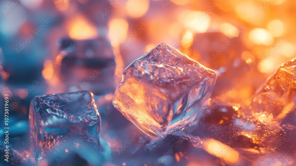 Poster close up of gleaming ice cubes featuring soft focus and bright illumination
