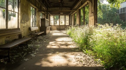 Echoes of History: Abandoned Train Station Overtaken by Nature, Nostalgic Dusty Counters & Wildflowers Embracing Past Charms