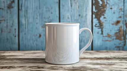 Close up of a white handled mug mockup on a table set against a backdrop of a textured blue wooden wall indoors