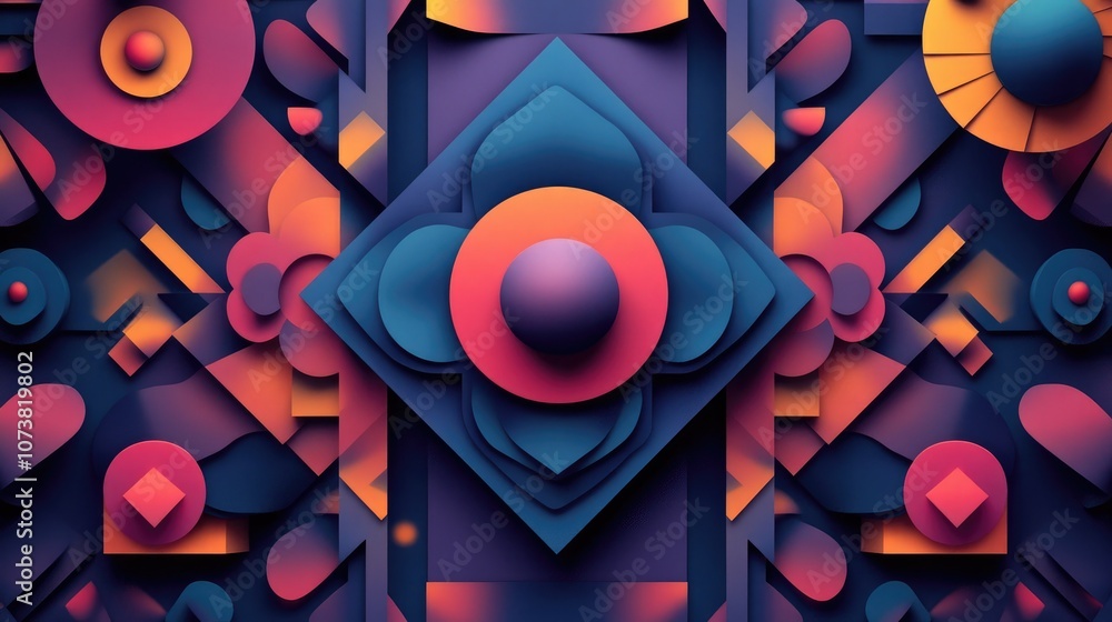 Poster geometric pattern rendered in 3d cartoon style with a cosmic color palette