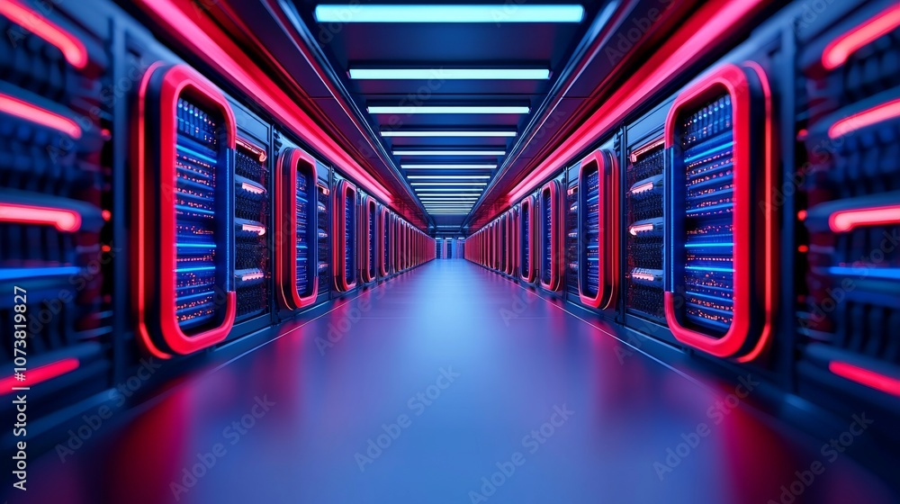 Poster a data storage room with racks of fully operational servers. a snapshot of a data center showing ser