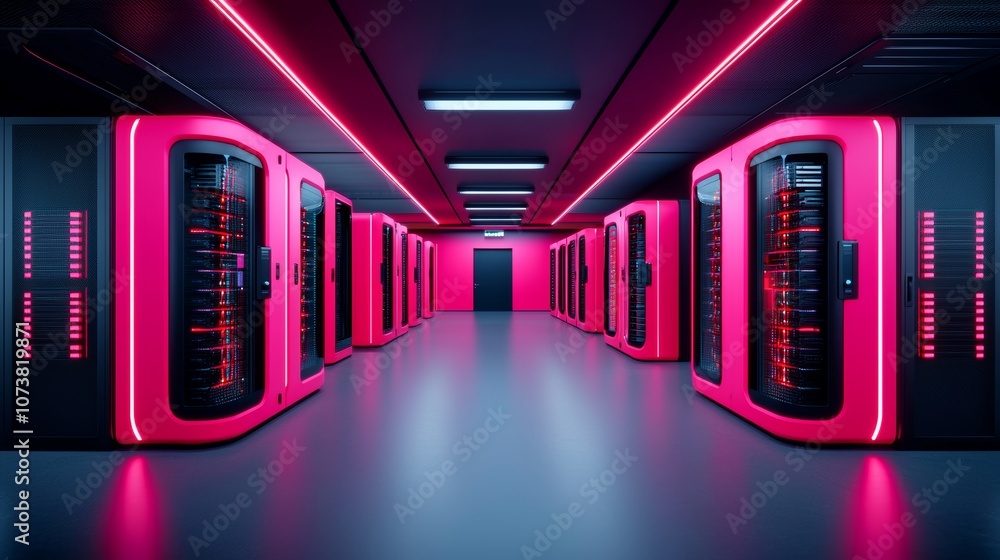 Poster several rows of servers for storing and processing data in a data center. images of digital data sto