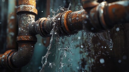 Damaged heating system pipes with water splashing around