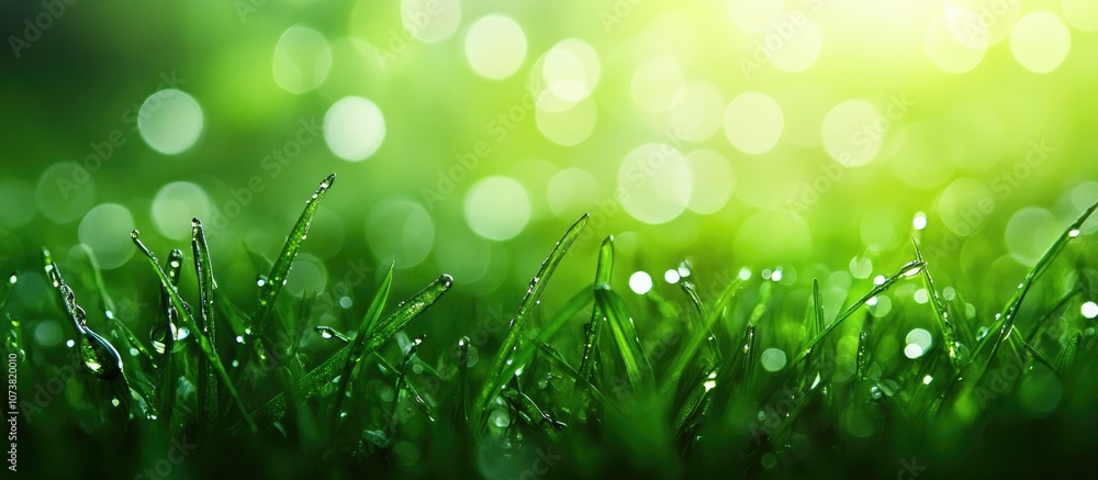 Poster dew drop on the green grass and abstract bokeh background