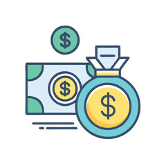 Money bag and dollar bill vector icon, Colorful vector icon featuring a money bag, dollar bill, and coin, symbolizing wealth, financial savings, and monetary success.
