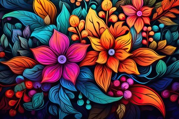 Bright and colorful abstract floral artwork with vivid flowers and lush leaves