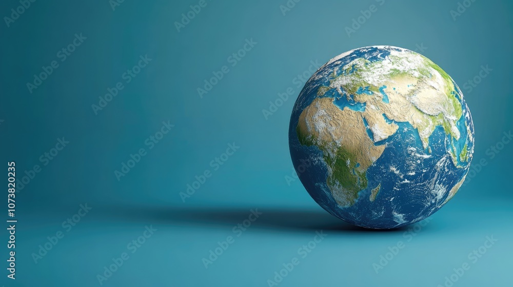 Poster digital model of earth on a blue studio background featuring empty space for text concept of global 
