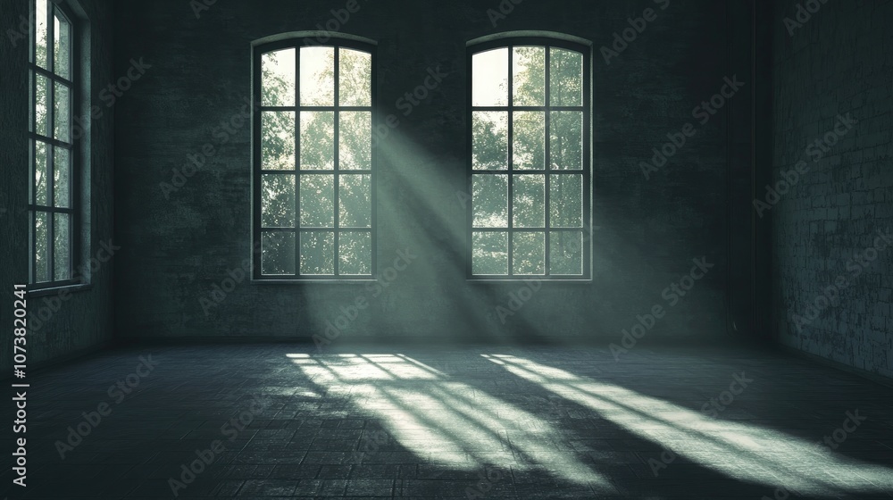 Poster 3d rendering of an empty room cast in window shadows