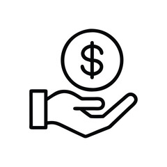 Hand holding dollar sign line icon, Line art vector icon of a hand holding a dollar sign, symbolizing financial support, investment, and monetary assistance.
