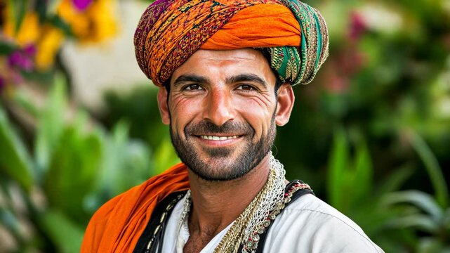 A man smiles warmly in a colorful turban, likely in India, during the day