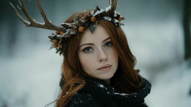 Young woman with deer antlers in snowy forest. Mystical occult ritual. Pagan Christmas, Winter solstice, New Year celebration. Scandinavian culture. Yule tradition. Goddess costume. Witchcraft, wicca