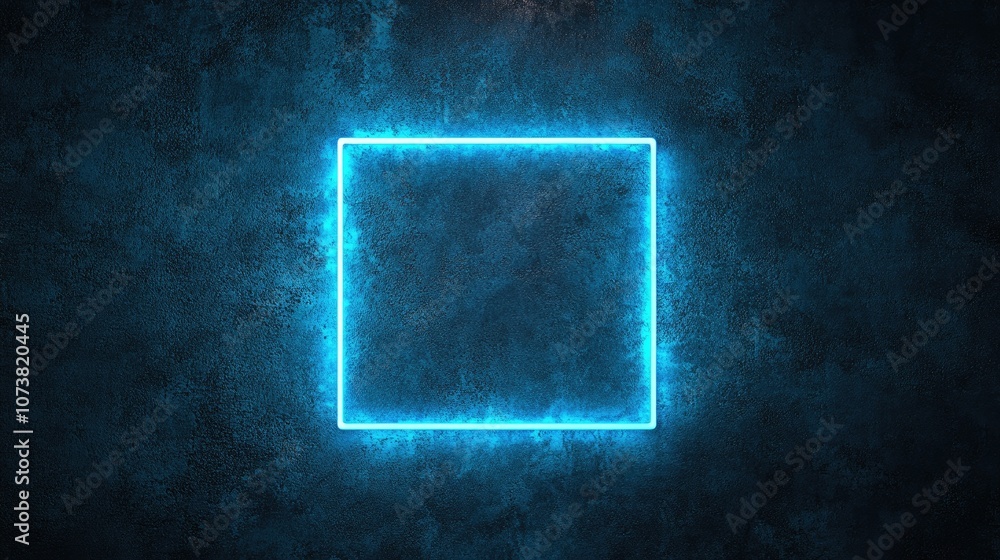 Poster 3d rendering of a blank neon blue square frame on a dark grunge background empty neon blue sign cube