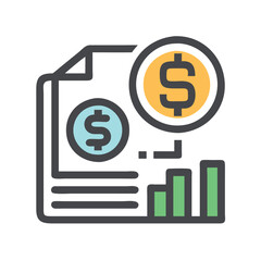 Financial report icon with dollar symbols, Vector icon of a financial report with dollar signs and a bar chart, representing accounting, business analysis, and profit evaluation.
