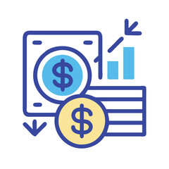 Financial analysis icon with dollar symbols, Vector icon featuring dollar signs, a bar chart, and arrows, representing financial analysis, investment trends, and market performance.
