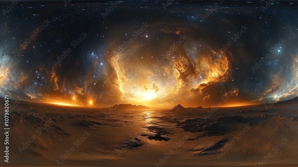 Poster 360 degree stellar system and glowing nebula in 3d cartoon rendering equirectangular projection sphe