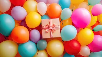 Colorful birthday balloon celebration gift box arranged with an explosion of festive decorations