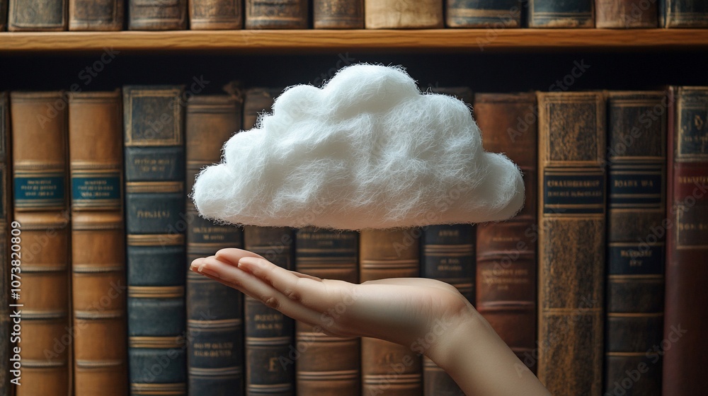 Poster a hand holds a fluffy white cloud in front of a bookshelf full of old books, symbolizing the vastnes