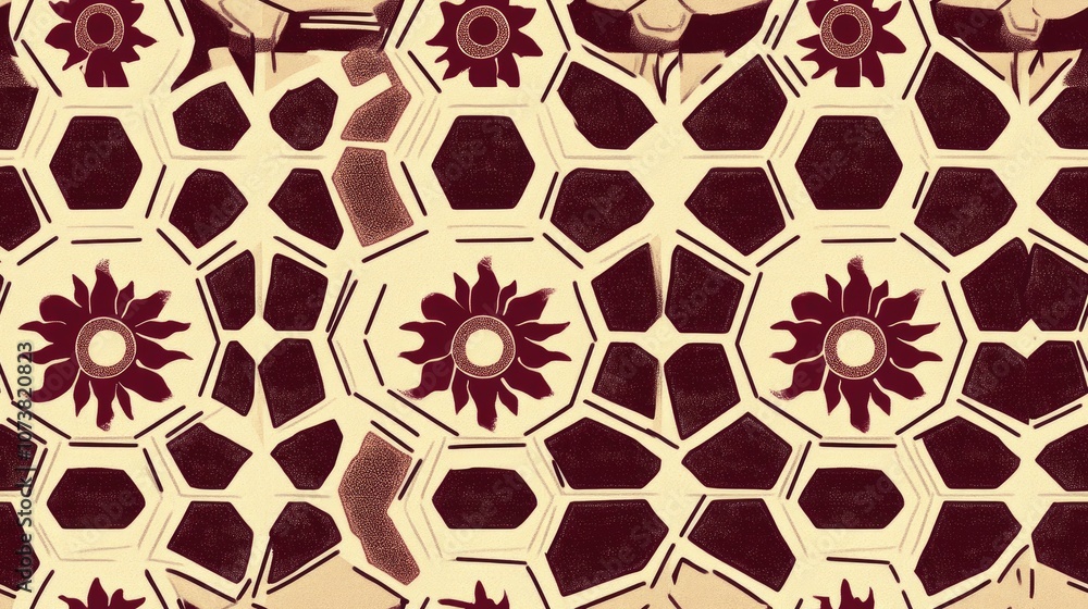 Poster seamless hexagonal pattern featuring a burgundy red and beige sun design turning clockwise
