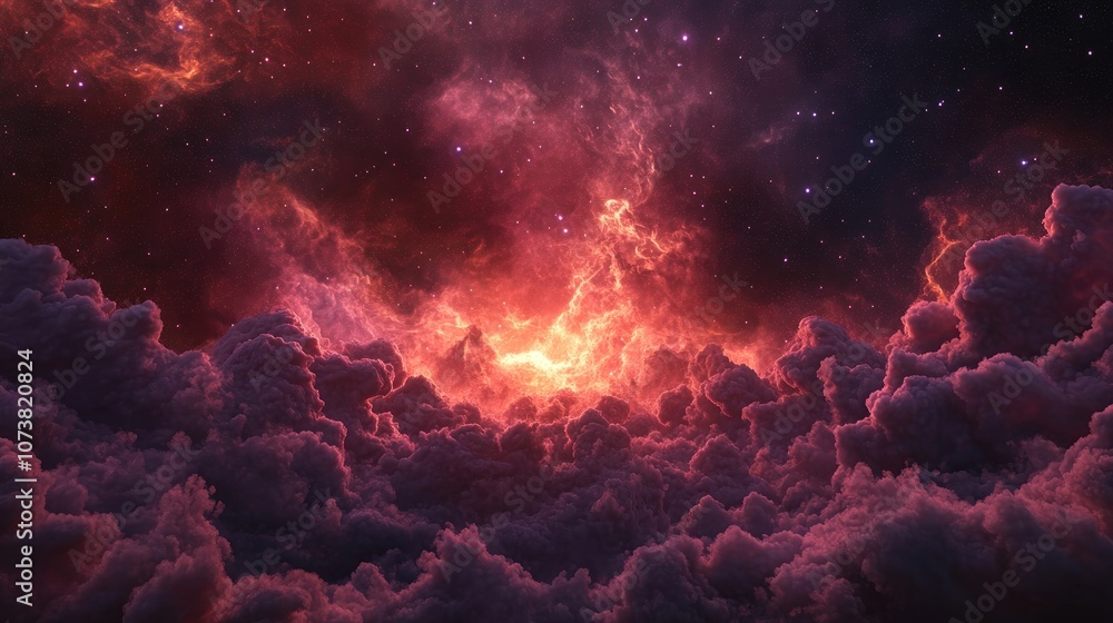 Poster 360 degree interstellar cloud of dust and gas in a 3d cartoon rendering space background featuring a