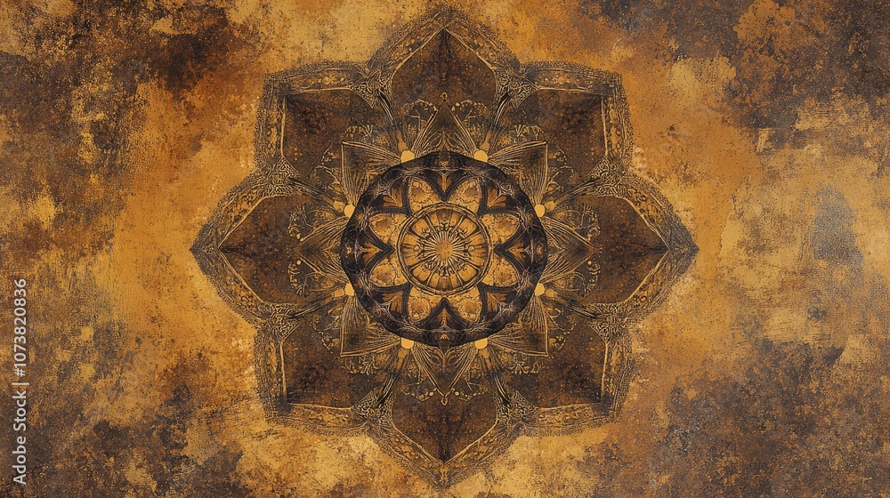 Poster brown kaleidoscopic design featuring a repetitive pattern creating an artistic grunge mandala backdr