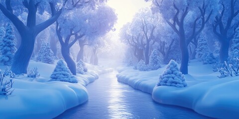 Scenic trees alongside a stream in a snowy landscape, Serene trees by a tranquil stream in a winter scene