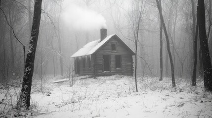 Obraz premium Winter Wonderland: Abandoned Cabin in the Snowy Woods with Smoke Curling from Chimney, Evoking Isolation and Seasonal Beauty