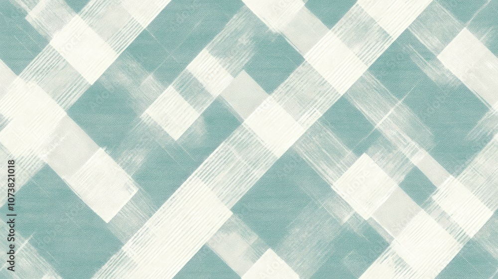 Poster seamless and repeating textured fabric background in pale teal and white diagonal checkers