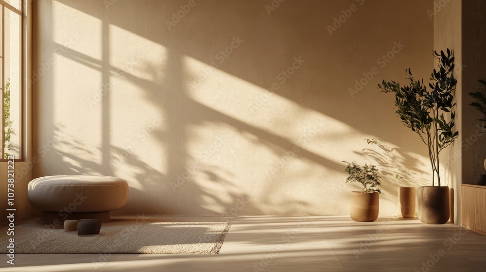 Aufkleber 3d rendering of a minimalist interior space featuring sunlight and shadows on the walls creating a c