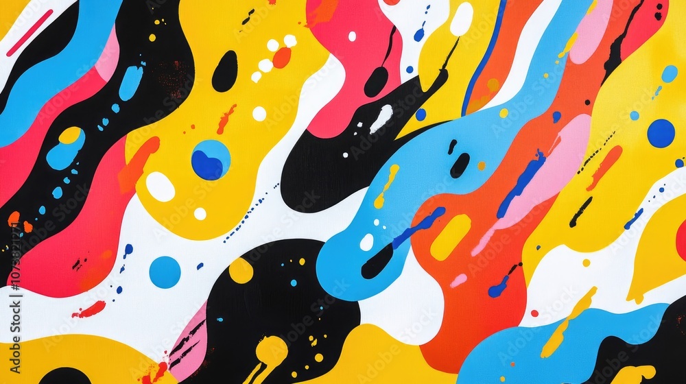 Poster colorful abstract design featuring bold outlines flat hues and flowing forms against a white backdro