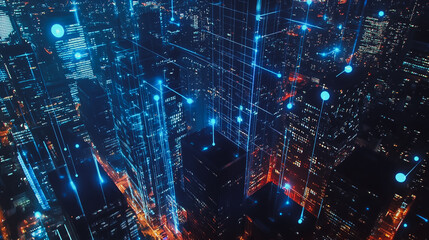 Fototapeta premium mart digital Innovation city Business skyscrapers in the Financial District with connection network reciprocity over the cityscape. of future smart wireless digital city and social media networking