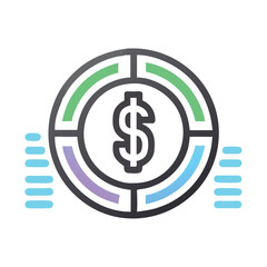 Dollar sign icon with financial diagram, Line art icon featuring a dollar symbol inside a segmented circle, representing financial analysis, investment, and business growth.
