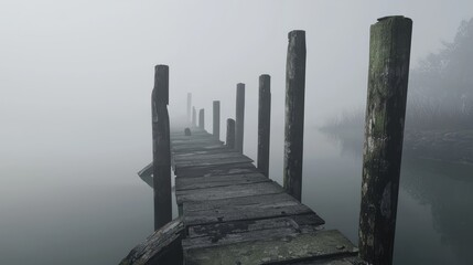 Fototapeta premium Eerie Mystique of Abandoned Pier in Foggy Lake - Atmospheric Photo of Weathered Wooden Posts with a Hint of Forgotten History