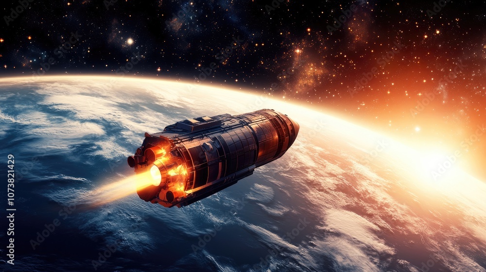 Poster cargo spaceship in a 3d cartoon rendering orbiting a planet vertical space wallpaper view from a spa