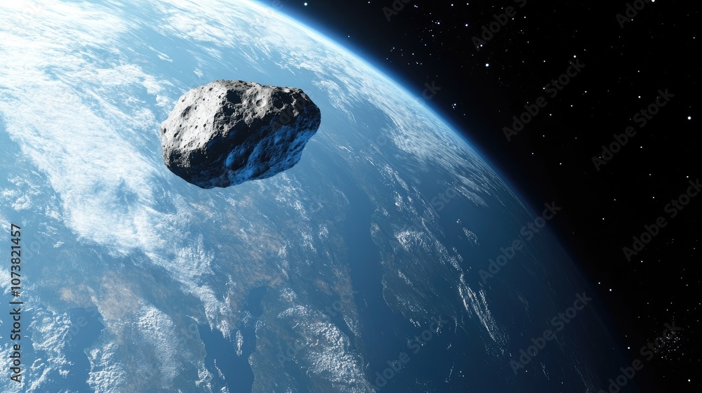 Poster 3d cartoon depiction of planet earth with a large asteroid in outer space highlighting potentially h