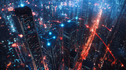 Fototapeta premium mart digital Innovation city Business skyscrapers in the Financial District with connection network reciprocity over the cityscape. of future smart wireless digital city and social media networking