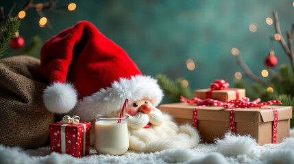 Festive setting with a Santa hat, a glass of milk and presents. Christmas scene with Santa hat, presents and glass of milk on a green background