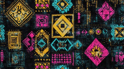 Fototapeta premium Ethnic embroidery featuring a seamless Aztec pattern Traditional texture with a tribal print Fabric design showcasing Mexican and Indian motifs Folk patchwork in black cyan pink green and gold