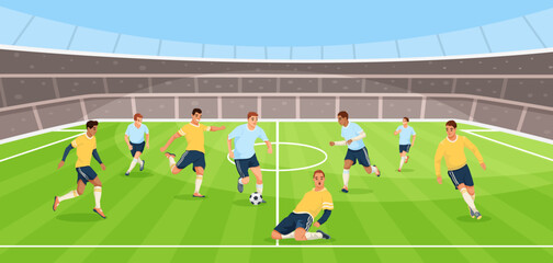 A group of players competing on a soccer field, in a dynamic style, set in an outdoor stadium. Vector illustration © GN.STUDIO