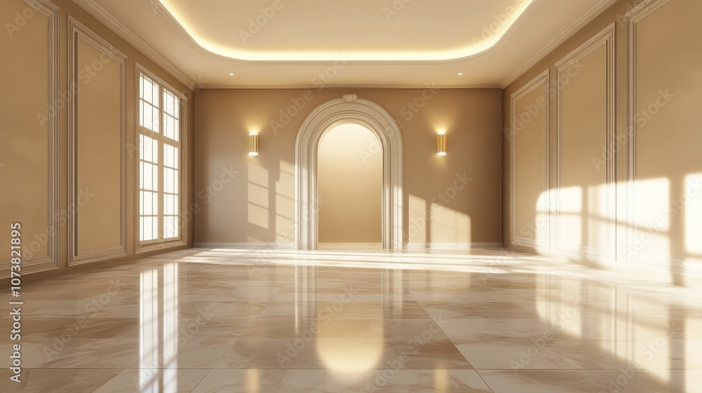 Poster 3d rendering of an empty interior space featuring a ceiling lamp neatly designed walls and a marble 