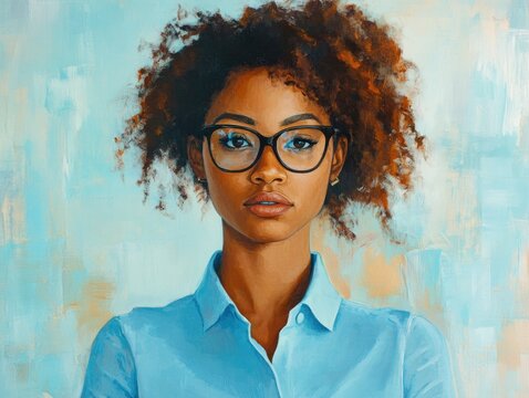 A young woman with afro brown hair wearing a blue formal shirt works as a product designer in a contemporary office applying her expertise in design CAD CNC and CNF