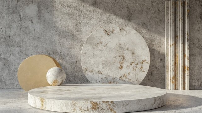 Round podium featuring geometric shapes and gold accents Abstract empty pedestal display platform 3D rendering