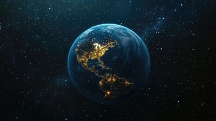 Beautiful blue planet Earth with yellow city lights in a 3D cartoon rendering against a starry background in outer space