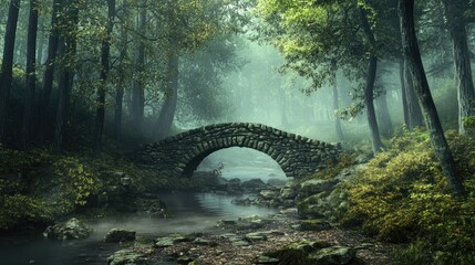 3D landscape illustration depicting a forest shrouded in a misty atmosphere featuring a stone bridge