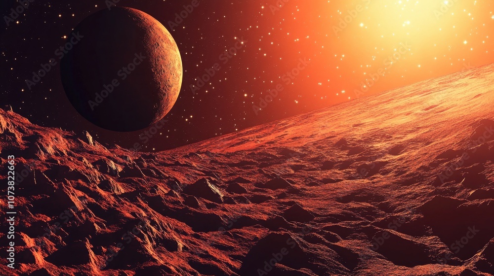 Poster rendering of a 3d cartoon depiction of the surface of a red planet