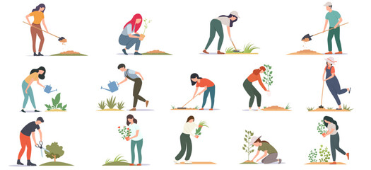 A collection of people gardening in different activities. Vector illustration