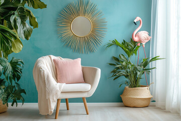 Bright and inviting living room corner with a cozy chair, potted plants, and a decorative flamingo on a teal wall backdrop. Generative AI