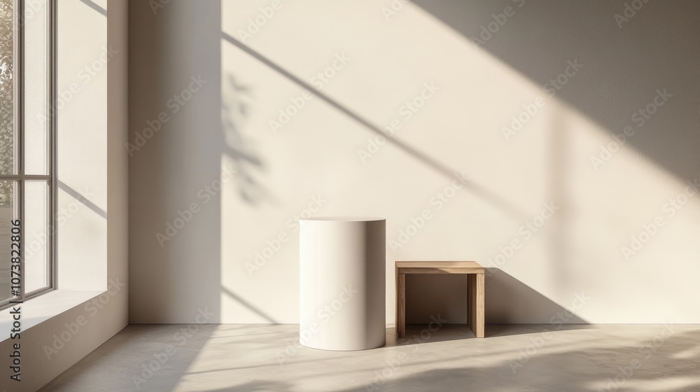 Poster white cylindrical product display in a neutral room studio setup for minimalistic product presentati